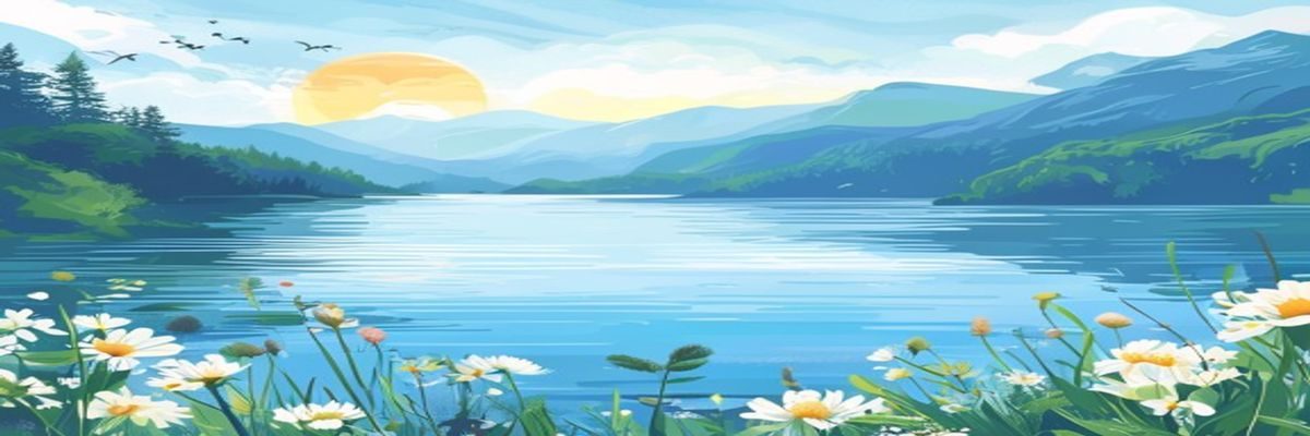 大奶子2026年度专题封面，湖蓝色调大幅风景图，光线明亮，北欧极简风格，充满生命力